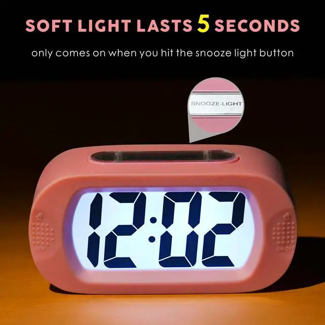 Alt view image 3 of 7 - Kids Alarm Clock Large Digital LCD Travel Alarm Clocks with Snooze and Night Light - Ascending Sound and Handheld Size - Best Gift for Kids (Baby Pink)