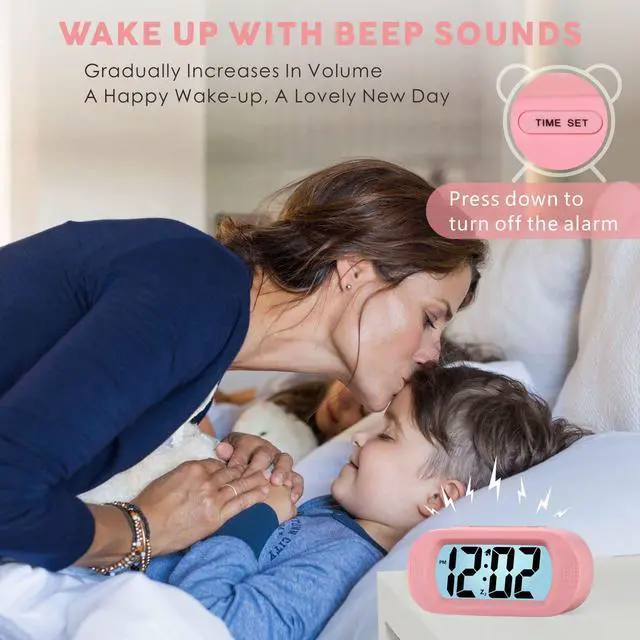 Alt view image 4 of 7 - Kids Alarm Clock Large Digital LCD Travel Alarm Clocks with Snooze and Night Light - Ascending Sound and Handheld Size - Best Gift for Kids (Baby Pink)
