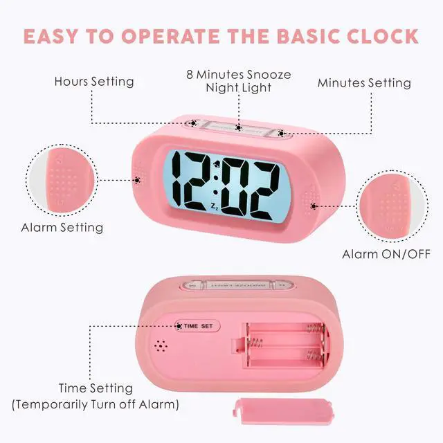 Alt view image 5 of 7 - Kids Alarm Clock Large Digital LCD Travel Alarm Clocks with Snooze and Night Light - Ascending Sound and Handheld Size - Best Gift for Kids (Baby Pink)