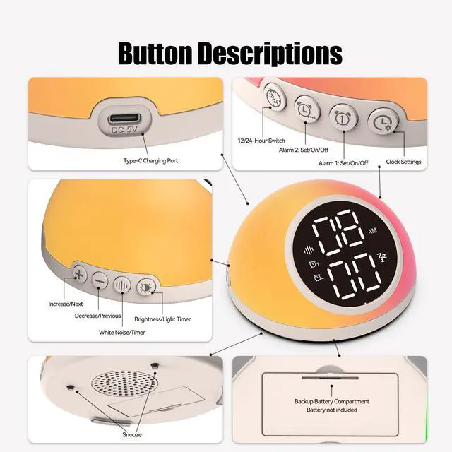Alt view image 7 of 7 - Alarm Clocks for Bedrooms, Digital Alarm Clock with Dual Alarms, White Noise Machine, 12/24H, Night Light, Snooze, Auto-Off Timer, Adjustable Brightness, White