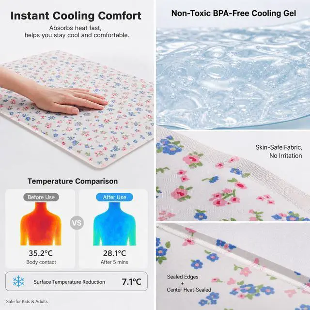 Alt view image 3 of 7 - Cooling Gel Pad with Soft Fleece Back, Reversible Summer Cooling Cushion for Office Chair, Car Seat, Bed, Couch, No Freeze Needed, Washable Cover, Dual-Sided Use, 30x40cm Cute Floral