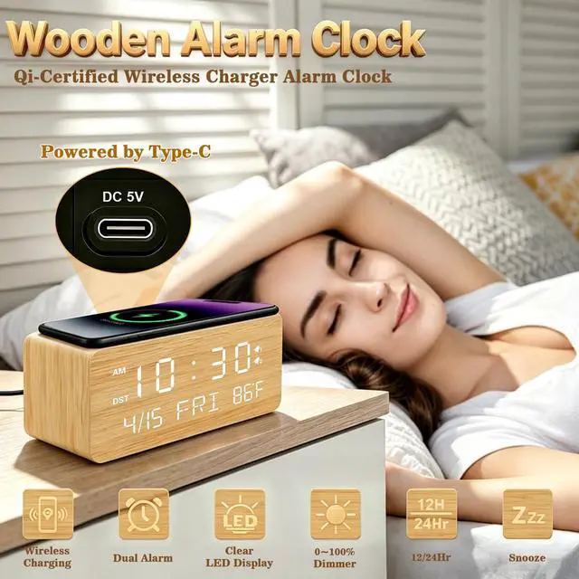 Alt view image 2 of 7 - Wooden Digital Alarm Clock with Wireless Charging, 0-100% Adjustable Brightness Dimmer and Alarm Volume, Weekday/Weekend Mode, Dual Alarm, Snooze, 12/24H, Wood LED Clock for Bedroom (Bamboo)