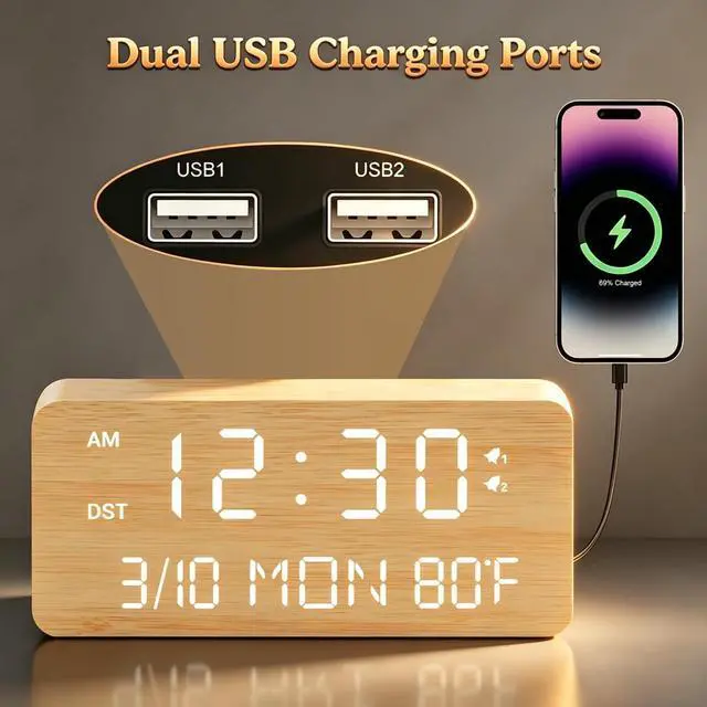 Alt view image 3 of 7 - Wooden Digital Alarm Clock with Wireless Charging, 0-100% Adjustable Brightness Dimmer and Alarm Volume, Weekday/Weekend Mode, Dual Alarm, Snooze, 12/24H, Wood LED Clock for Bedroom (Bamboo)