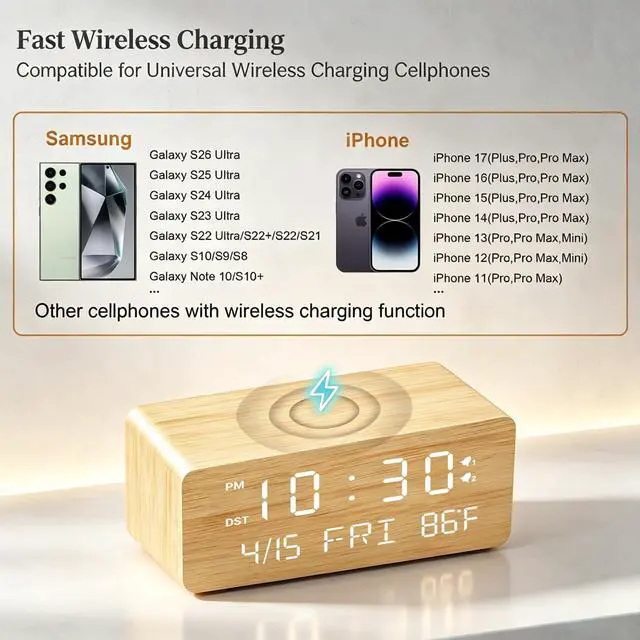 Alt view image 4 of 7 - Wooden Digital Alarm Clock with Wireless Charging, 0-100% Adjustable Brightness Dimmer and Alarm Volume, Weekday/Weekend Mode, Dual Alarm, Snooze, 12/24H, Wood LED Clock for Bedroom (Bamboo)