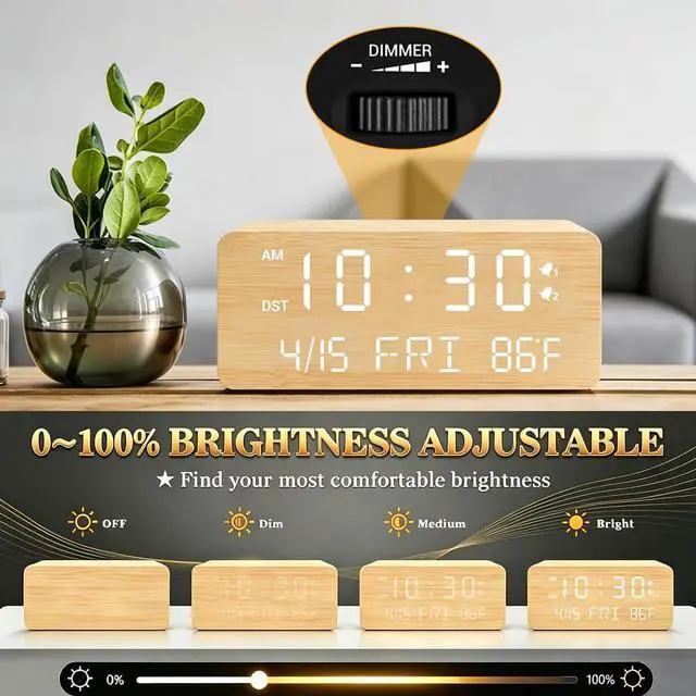 Alt view image 5 of 7 - Wooden Digital Alarm Clock with Wireless Charging, 0-100% Adjustable Brightness Dimmer and Alarm Volume, Weekday/Weekend Mode, Dual Alarm, Snooze, 12/24H, Wood LED Clock for Bedroom (Bamboo)