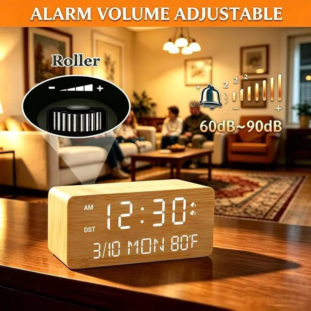 Alt view image 6 of 7 - Wooden Digital Alarm Clock with Wireless Charging, 0-100% Adjustable Brightness Dimmer and Alarm Volume, Weekday/Weekend Mode, Dual Alarm, Snooze, 12/24H, Wood LED Clock for Bedroom (Bamboo)