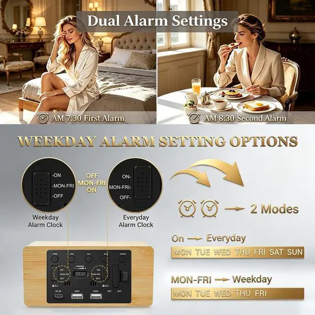 Alt view image 7 of 7 - Wooden Digital Alarm Clock with Wireless Charging, 0-100% Adjustable Brightness Dimmer and Alarm Volume, Weekday/Weekend Mode, Dual Alarm, Snooze, 12/24H, Wood LED Clock for Bedroom (Bamboo)