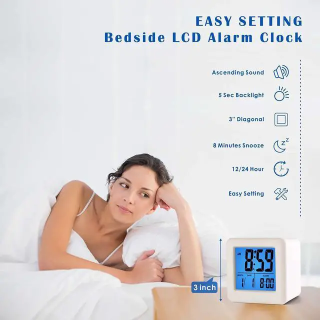 Alt view image 2 of 6 - Easy to Set Digital Travel Alarm Clock, Snooze Function, Soft Night Light, Large Screen time and Month and Date Display and Alarm, Progressive Sound Alarm and Handy Size (White)