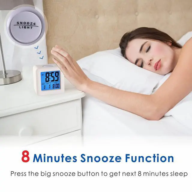 Alt view image 4 of 6 - Easy to Set Digital Travel Alarm Clock, Snooze Function, Soft Night Light, Large Screen time and Month and Date Display and Alarm, Progressive Sound Alarm and Handy Size (White)