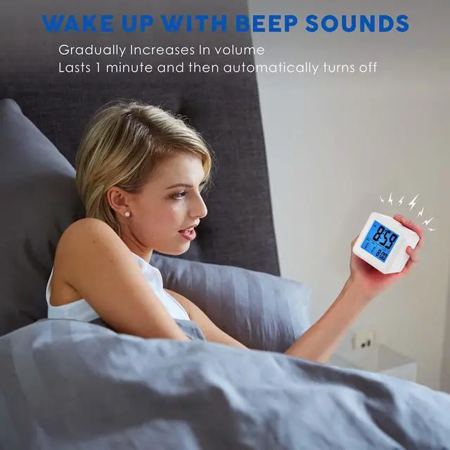 Alt view image 5 of 6 - Easy to Set Digital Travel Alarm Clock, Snooze Function, Soft Night Light, Large Screen time and Month and Date Display and Alarm, Progressive Sound Alarm and Handy Size (White)