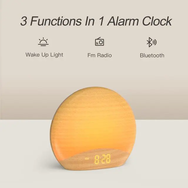 Alt view image 2 of 7 - Wood Grain Sunrise Alarm Clock- Natural Wake Up Light, FM Radio, Bluetooth Speaker, Dimmable Nightlight & Display- Soothing Morning Routines