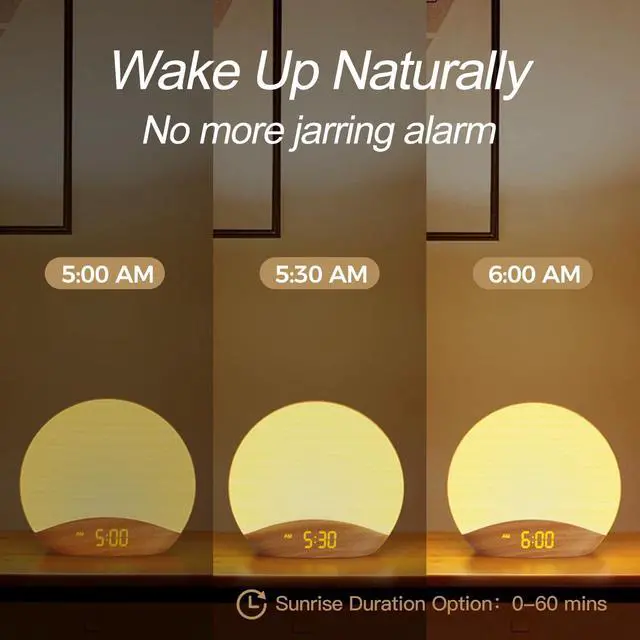 Alt view image 3 of 7 - Wood Grain Sunrise Alarm Clock- Natural Wake Up Light, FM Radio, Bluetooth Speaker, Dimmable Nightlight & Display- Soothing Morning Routines