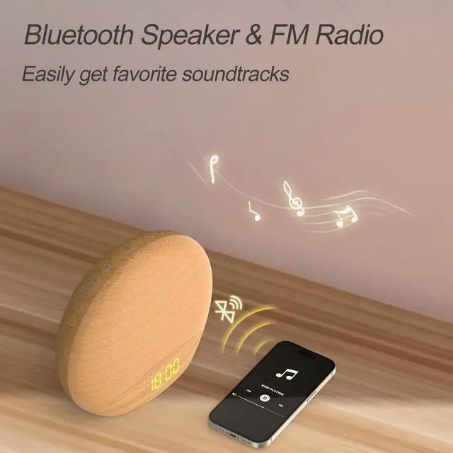 Alt view image 4 of 7 - Wood Grain Sunrise Alarm Clock- Natural Wake Up Light, FM Radio, Bluetooth Speaker, Dimmable Nightlight & Display- Soothing Morning Routines