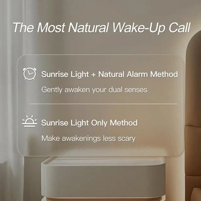 Alt view image 6 of 7 - Wood Grain Sunrise Alarm Clock- Natural Wake Up Light, FM Radio, Bluetooth Speaker, Dimmable Nightlight & Display- Soothing Morning Routines