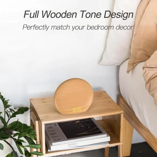 Alt view image 7 of 7 - Wood Grain Sunrise Alarm Clock- Natural Wake Up Light, FM Radio, Bluetooth Speaker, Dimmable Nightlight & Display- Soothing Morning Routines