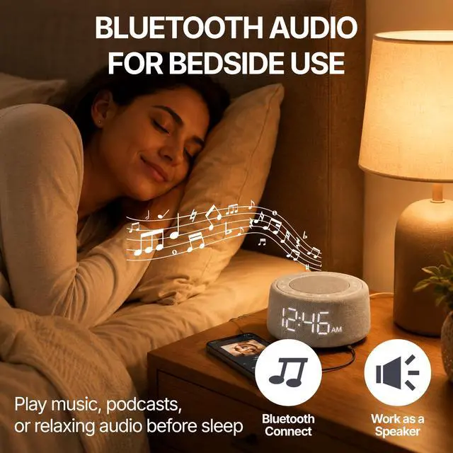 Alt view image 3 of 7 - White Noise Alarm Clock for Bedroom, Night Light, Bluetooth Audio