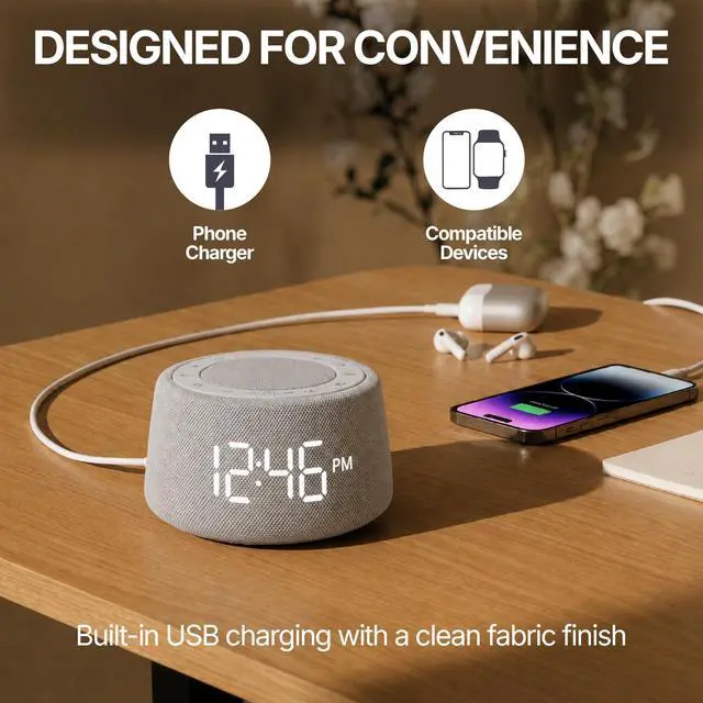 Alt view image 4 of 7 - White Noise Alarm Clock for Bedroom, Night Light, Bluetooth Audio
