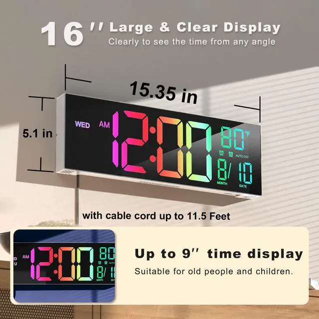 Alt view image 2 of 7 - 16" Large Digital Wall Mount Clock, Count Down Timer, Alarm, Big LED, 8 RGB Color, DST, Temperature for Living Room Classroom Desk, Xmas, Birthday Gift for Senior Mom Dad (White Shell, 16 inches)