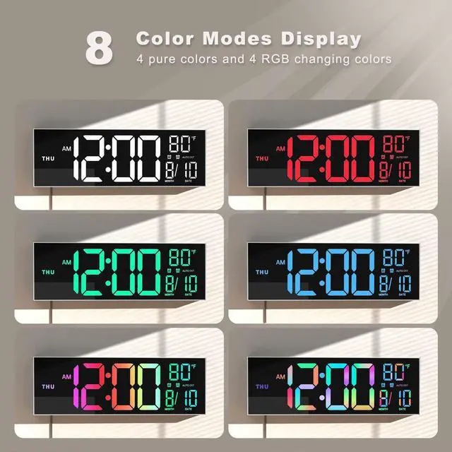 Alt view image 3 of 7 - 16" Large Digital Wall Mount Clock, Count Down Timer, Alarm, Big LED, 8 RGB Color, DST, Temperature for Living Room Classroom Desk, Xmas, Birthday Gift for Senior Mom Dad (White Shell, 16 inches)