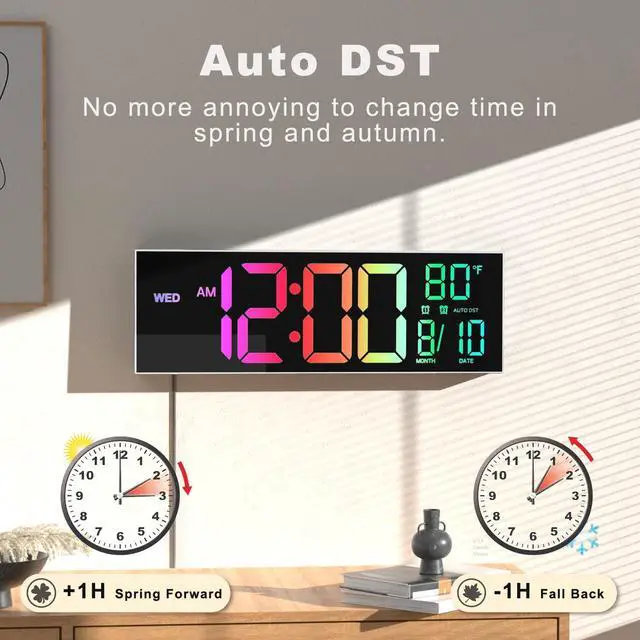 Alt view image 5 of 7 - 16" Large Digital Wall Mount Clock, Count Down Timer, Alarm, Big LED, 8 RGB Color, DST, Temperature for Living Room Classroom Desk, Xmas, Birthday Gift for Senior Mom Dad (White Shell, 16 inches)