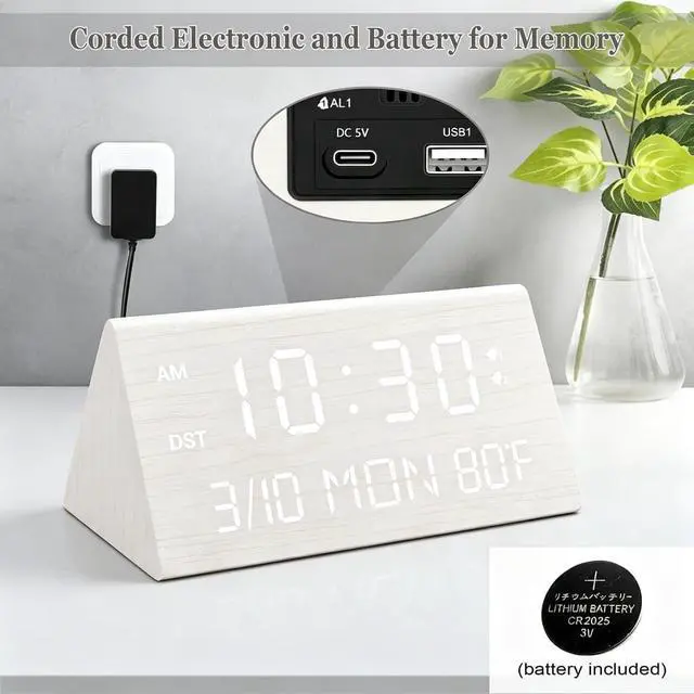 Alt view image 2 of 7 - Premium Wooden Digital Alarm Clock with USB Charging Ports, Dimmable LED Display, Date, Day of Week, Temperature, DST, Clocks for Bedrooms, Desk, Nightstand, Bedside, Table, Office, Living Room Decor