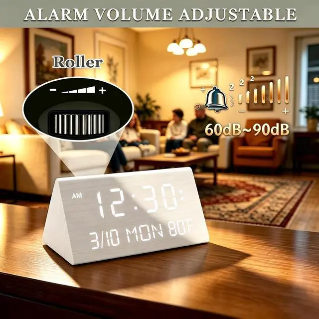 Alt view image 5 of 7 - Premium Wooden Digital Alarm Clock with USB Charging Ports, Dimmable LED Display, Date, Day of Week, Temperature, DST, Clocks for Bedrooms, Desk, Nightstand, Bedside, Table, Office, Living Room Decor