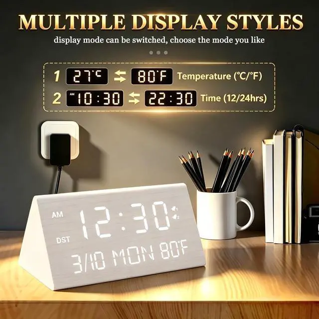 Alt view image 7 of 7 - Premium Wooden Digital Alarm Clock with USB Charging Ports, Dimmable LED Display, Date, Day of Week, Temperature, DST, Clocks for Bedrooms, Desk, Nightstand, Bedside, Table, Office, Living Room Decor