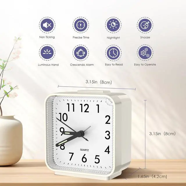 Alt view image 2 of 7 - Analog Alarm Clocks, Non Ticking Table Clock with Luminous Hand & Large Display, Battery Powered Silent Bedside Alarm Clock with Night Light Function & Snooze, for Bedroom, Office (White)
