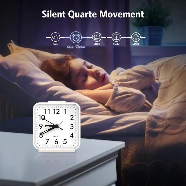 Alt view image 4 of 7 - Analog Alarm Clocks, Non Ticking Table Clock with Luminous Hand & Large Display, Battery Powered Silent Bedside Alarm Clock with Night Light Function & Snooze, for Bedroom, Office (White)