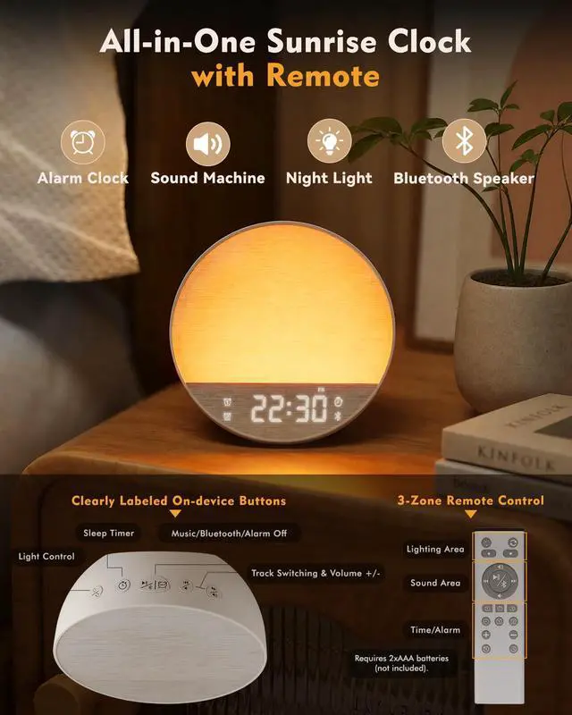Alt view image 2 of 7 - Sunrise Alarm Clock with Sound Machine, Bluetooth Speaker, Remote, Putty