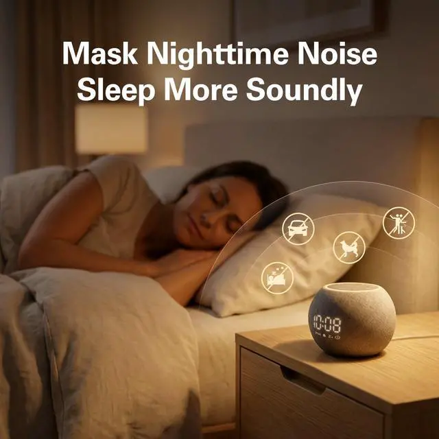 Alt view image 2 of 7 - Sound Machine Alarm Clock for Bedroom, White Noise Machine Soothing Sounds for Sleep, Gentle Alarms for Wake Up, Dimmable Clock Display, Ambient Night Light, Plug in Bedside for Sleeping Adults