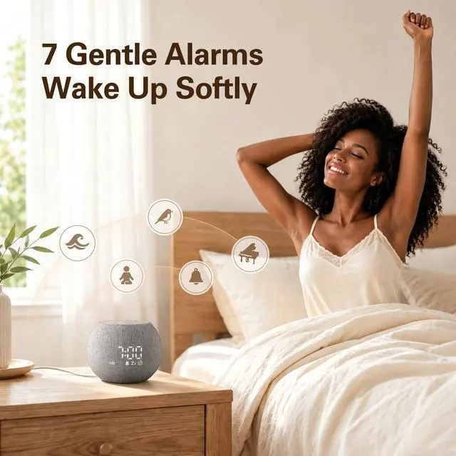 Alt view image 3 of 7 - Sound Machine Alarm Clock for Bedroom, White Noise Machine Soothing Sounds for Sleep, Gentle Alarms for Wake Up, Dimmable Clock Display, Ambient Night Light, Plug in Bedside for Sleeping Adults
