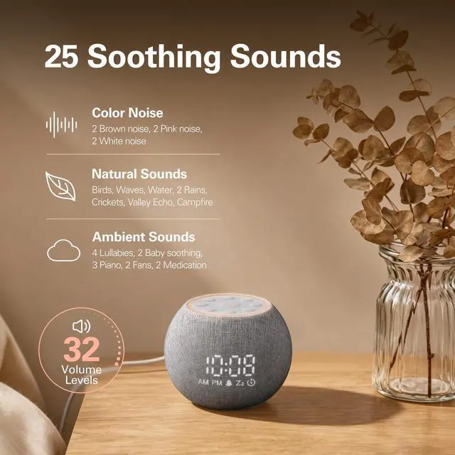 Alt view image 5 of 7 - Sound Machine Alarm Clock for Bedroom, White Noise Machine Soothing Sounds for Sleep, Gentle Alarms for Wake Up, Dimmable Clock Display, Ambient Night Light, Plug in Bedside for Sleeping Adults