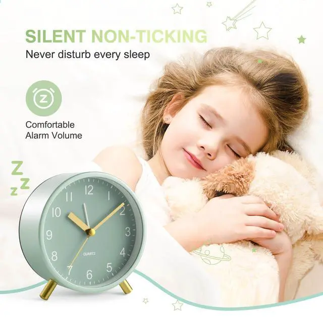 Alt view image 2 of 7 - Analog Alarm Clock, Silent Non-Ticking with Night Light, Fashionable Round Metal Alarm Clock for Office, Battery Operated, Bedroom, Elderly, Adults, Children, Student Gifts