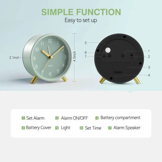 Alt view image 5 of 7 - Analog Alarm Clock, Silent Non-Ticking with Night Light, Fashionable Round Metal Alarm Clock for Office, Battery Operated, Bedroom, Elderly, Adults, Children, Student Gifts