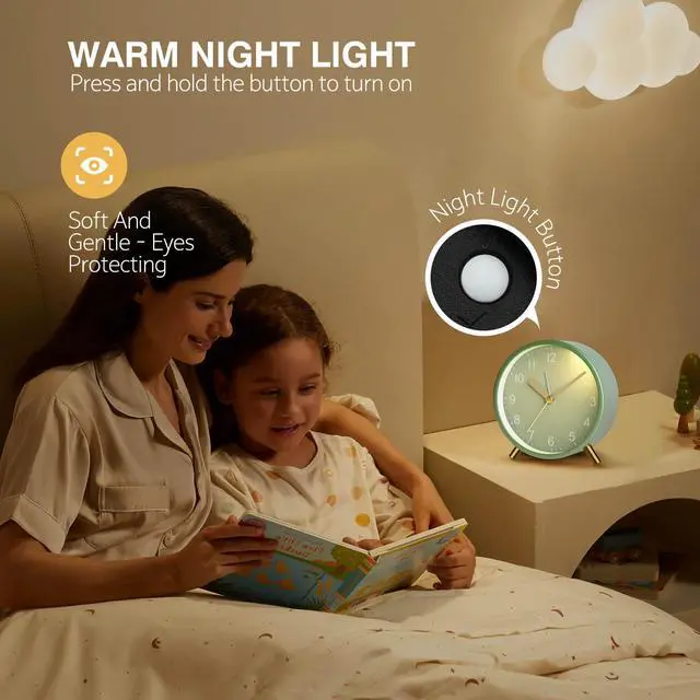 Alt view image 3 of 7 - Analog Alarm Clock, Silent Non-Ticking with Night Light, Fashionable Round Metal Alarm Clock for Office, Battery Operated, Bedroom, Elderly, Adults, Children, Student Gifts