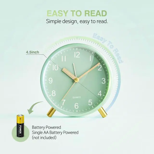 Alt view image 6 of 7 - Analog Alarm Clock, Silent Non-Ticking with Night Light, Fashionable Round Metal Alarm Clock for Office, Battery Operated, Bedroom, Elderly, Adults, Children, Student Gifts