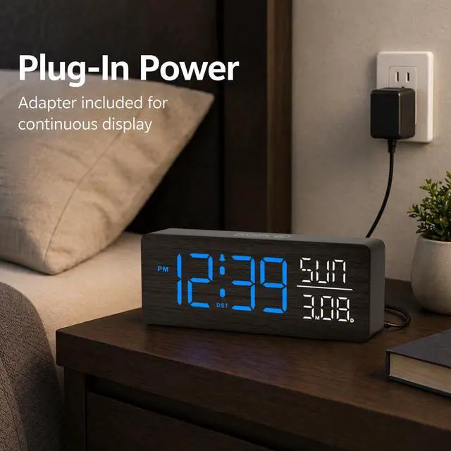 Alt view image 2 of 7 - Wooden Digital Alarm Clock Large Display, Textured Decoration