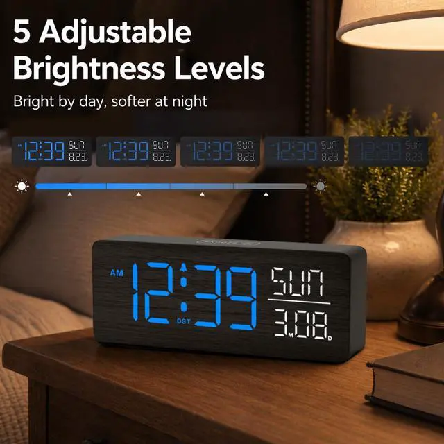 Alt view image 4 of 7 - Wooden Digital Alarm Clock Large Display, Textured Decoration