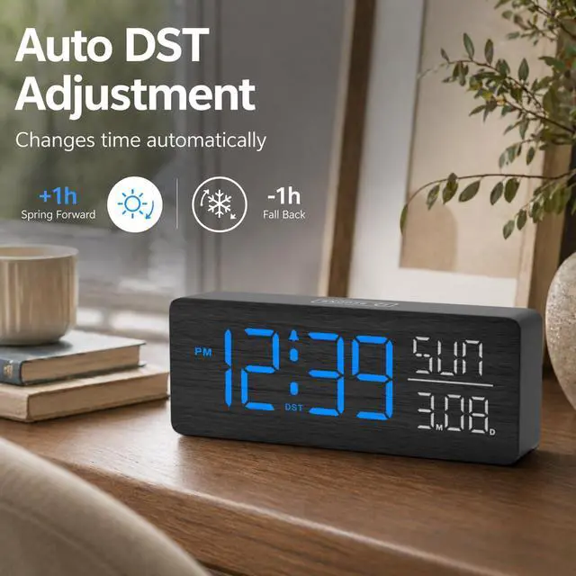 Alt view image 5 of 7 - Wooden Digital Alarm Clock Large Display, Textured Decoration