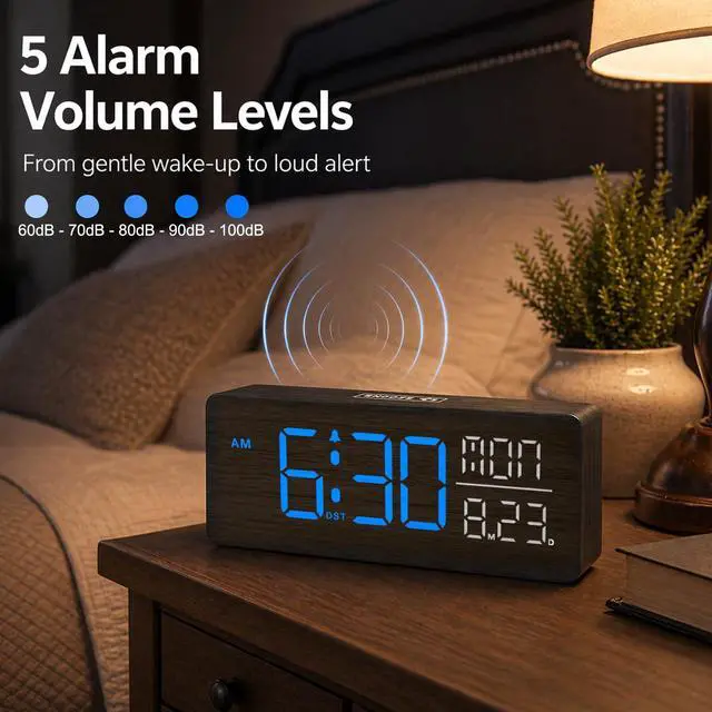 Alt view image 6 of 7 - Wooden Digital Alarm Clock Large Display, Textured Decoration
