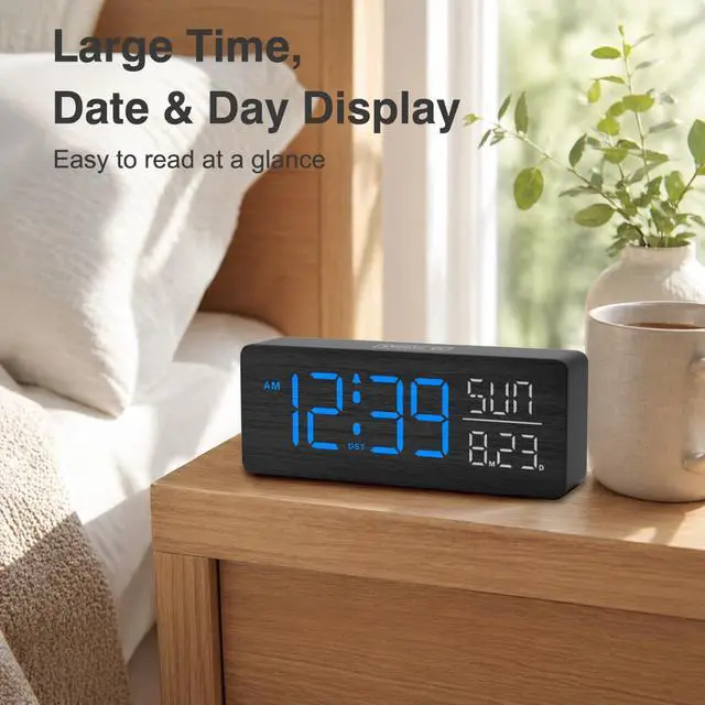 Alt view image 7 of 7 - Wooden Digital Alarm Clock Large Display, Textured Decoration