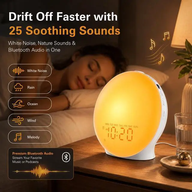 Alt view image 3 of 7 - Sunrise Alarm Clock White Noise Machine with 25 Nature Sleep Sounds, Fully Dimmable Clock for Bedrooms, Heavy Sleepers, 17 Light Modes, Bluetooth Speaker