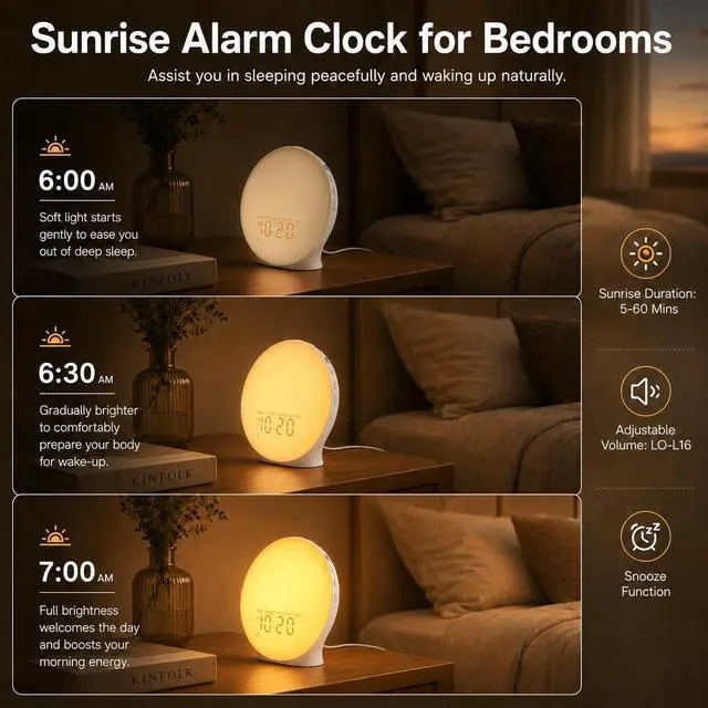 Alt view image 4 of 7 - Sunrise Alarm Clock White Noise Machine with 25 Nature Sleep Sounds, Fully Dimmable Clock for Bedrooms, Heavy Sleepers, 17 Light Modes, Bluetooth Speaker