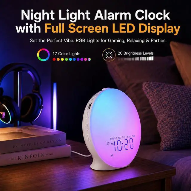 Alt view image 6 of 7 - Sunrise Alarm Clock White Noise Machine with 25 Nature Sleep Sounds, Fully Dimmable Clock for Bedrooms, Heavy Sleepers, 17 Light Modes, Bluetooth Speaker
