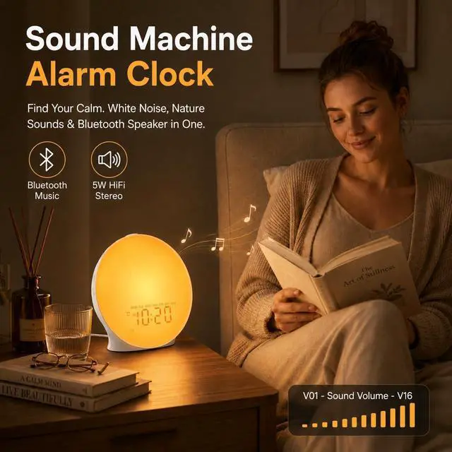Alt view image 7 of 7 - Sunrise Alarm Clock White Noise Machine with 25 Nature Sleep Sounds, Fully Dimmable Clock for Bedrooms, Heavy Sleepers, 17 Light Modes, Bluetooth Speaker