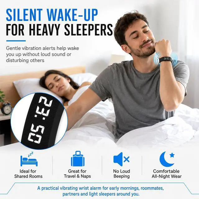 Alt view image 3 of 7 - Vibrating Alarm Wristband Clock Smart Watch Bracelets for Mens Digital Heavy Sleepers Fit Wrist Womens Tracker Vibro Vibration Silent Small Distance Teens Shock Despertador Band Alert