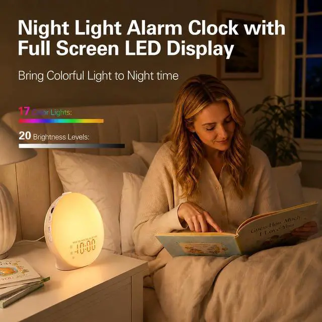 Alt view image 6 of 7 - Full Screen Dimmer Sunrise Alarm Clocks for Bedrooms, Wake Up Light with FM Radio, 25 White Noise Sleep Sounds, Bluetooth Speaker, Dual Alarms Bedside Clock for Heavy Sleepers