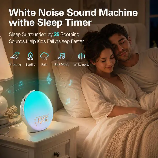 Alt view image 5 of 7 - Full Screen Dimmer Sunrise Alarm Clocks for Bedrooms, Wake Up Light with FM Radio, 25 White Noise Sleep Sounds, Bluetooth Speaker, Dual Alarms Bedside Clock for Heavy Sleepers