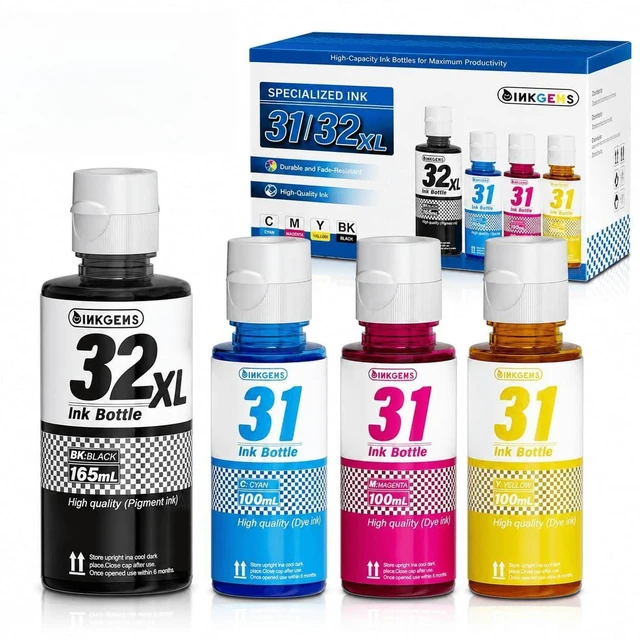 Main image of 31 32XL Ink Bottle Set Refill for HP Smart Tank 7600 7602 7300 7301 7001, 5000 5101 5102, 6000 6001 651 551 Printer. Black CMY